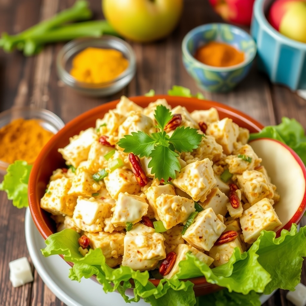 Curried chicken salad with apples served on lettuce, featuring nuts and raisins in a rustic setting.